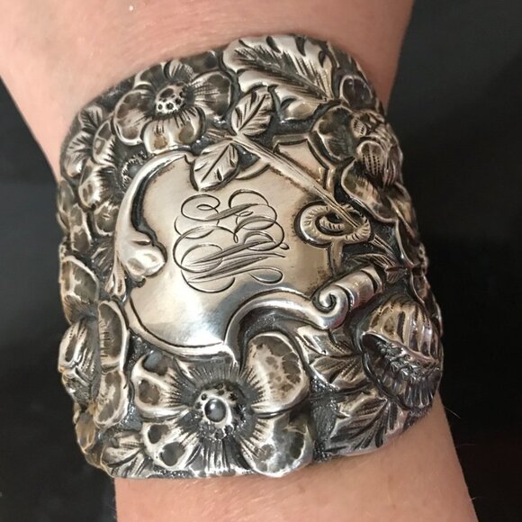 Floral Sterling Silver 925 Wide Cuff Bracelet Victorian Bouquet Art Nouveau - Picture 9 of 10